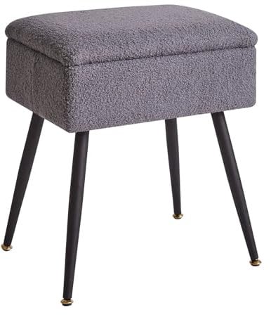 Aibiju Stool Chair for Dressing Table, Faux Teddy Fur Vanity Stool with Storage, Bedroom Ottoman Stool with Metal Legs for Home Living Room, Bedroom, Grey YD-SMS137G