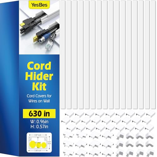 630in Cord Hider Kit, Paintable Cable Raceway, Cord Covers for Wires on Wall, Cord Hider for Wall Mount tv, tv Cable Hider Wall kit, Wire Covers for Cords, 40X L15.7in X W0.96in X H0.57in, White