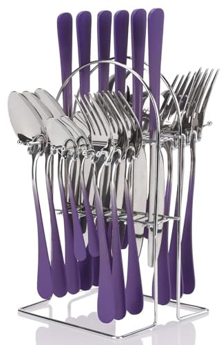 24 Pieces Flatware Set, Gradient Stainless Steel Cutlery Set with Silverware Holder, Modern Eating Tableware Set Includes Dinner Knives Forks Spoons Suitable for Home Restaurant (Purple)