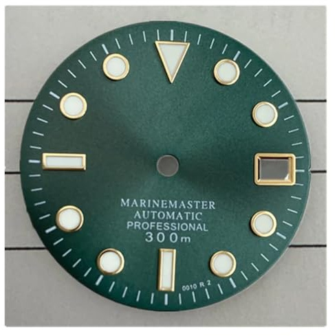 PSDFJAD ZHGUIMING Uhr Schwarzes Zifferblatt Umgerüstet 28,5mm Nh35 S Logo Zifferblatt Leuchtend Passend for NH35/nh36 Uhrwerk Nh35 Uhr Zubehör(Green Gold Nail)