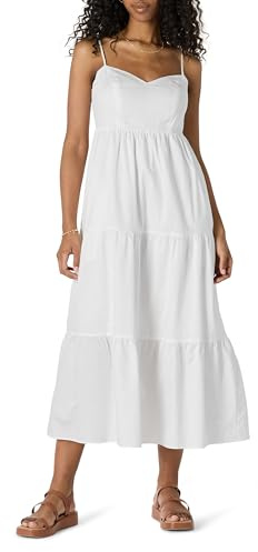 Amazon Essentials Robe Longue Évasée en Satin de Coton Taille Empire Décolleté Cœur Jupe à Volants Étagés Femme