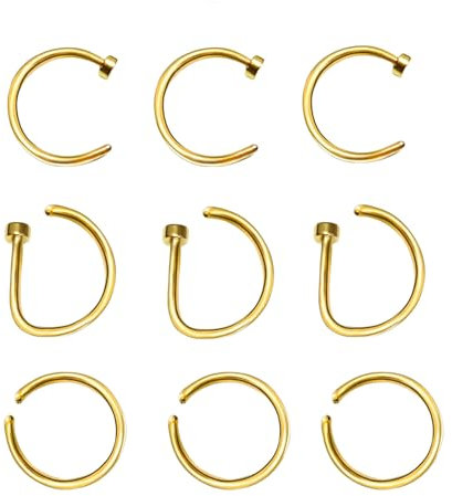 TJUSPIRIT 9stk Fake Nasenring Septum Nasenpiercing 20G 8mm Septumpiercing Piercingschmuck für Nasen Ohr Lippe Tragus Knorpel Helix, Edelstahl(Gold)