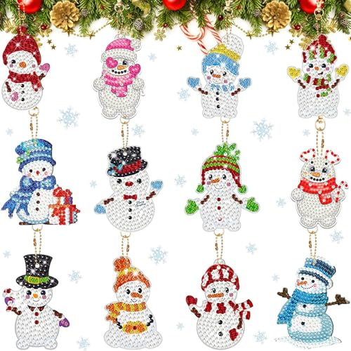 Schneemann Diamond Painting kinder Set 12 Stück, Bastelset Weihnachten Deko, Diamond-Painting Weihnachtsanhänger ,Diamant Painting Schlüsselanhänger für Weihn (Schneemann Weihnachtsanhänger)