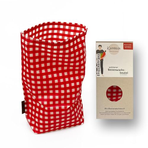 Kumanu | Bio-Bienenwachstuch - Beutel FRISCHEFRANZ mittel | H28cm x B22cm mit Standboden | natürlich und plastikfrei frischhalten | handgemacht in Tirol (rot kariert)