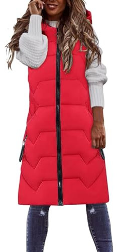 FNKDOR Steppweste Daunenweste Damen Lange Mit Kapuze Stehkragen Slim fit Ärmellose Weste Longweste Puffer Weste Winterweste Damen Westen mit Reißverschlusstaschen (Rot, XXL)
