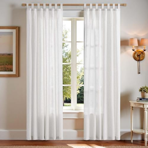 TOPICK Tende bianche con passanti, in lino, per soggiorno, camera da letto, negozi, finestre, semitrasparenti, filtro della luce, stile rustico, set da 2 pezzi, 140 x 210 cm