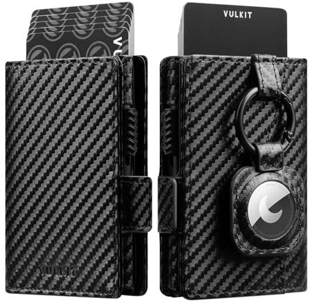 VULKIT Porta Carte Portafoglio con Porta Carte Airtag Portafoglio Pop Up Porta Carte in Metallo con Blocco RFID, Chiusura Magnetica con Scomparto Banconote (Carbon-fiber-Black)