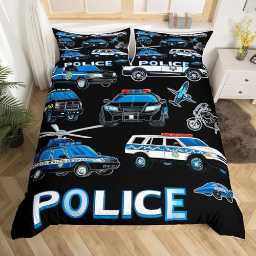 Polizei Auto 135x200 Bettwäsche Sets Blaue Rote Cop Lichter Dekor Bettbezug für Jungen Mädchen Polizist Fahrzeug Tröster Abdeckung Geometrische Streifen Bettbezug Cartoon Polizei Auto Bettwäsche
