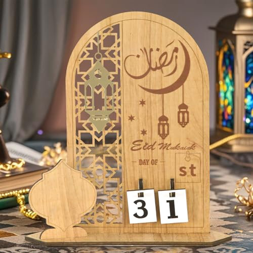 Ramadan Deko Kalender, Eid Mubarak Adventskalender 2025, Ramadan Tischdekoration Holz, Ramadankalender Ornamente, Muslimische Deko Countdown Kalender für Zuhause Basteln (A)