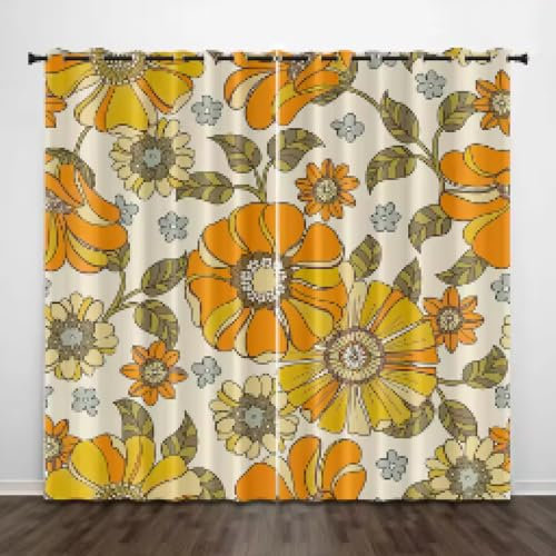 Vintage-Vorhänge mit gelben Blumen und grünen Blättern, psychedelisches Gänseblümchen-Design im 70er-Jahre-Stil, Verdunkelungsvorhänge für Schlafzimmer, 2 Paneele, H 280 x B 140 cm (2er-Pack)