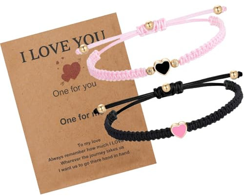 QTMMC 2 Pack Heart Handmade Cord Bracelet atching Bracelets for Couples Friendship Bracelet Rope Plain Best Friend Long Distance Gift for Boyfriend Girlfriend Sister Kids Lovers, Pink and Black