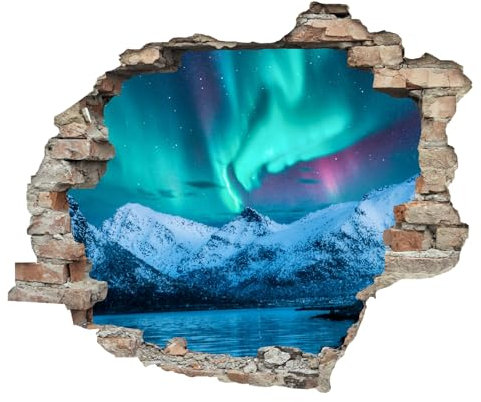 Queence 3D-Effekt Weihnachten ca. 60x50 cm Wandtattoo Wanddurchbruch Weihnachten | Durchbruch | selbstklebendes Wandbild | Wandsticker | Tattoo (Nordlichter)