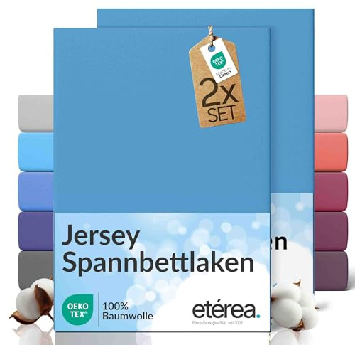 etérea Jersey 2er Set Spannbettlaken 100x200cm - 120x200cm Hellblau bis 25 cm Höhe - 100% Baumwolle Spannbetttuch Oekotex - Doppelpack Bettlaken 100x200 cm - 120x200 cm - Blau