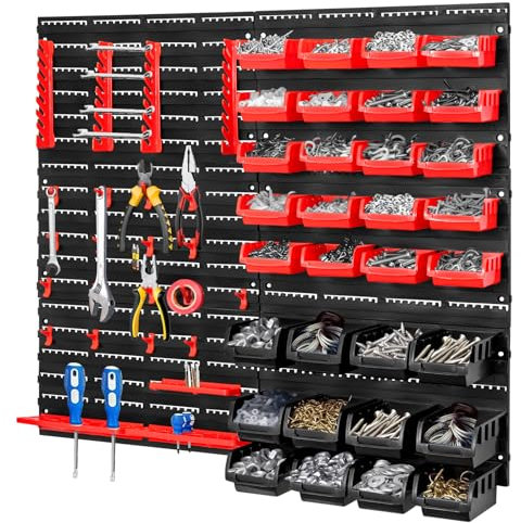 CROWNSHOP 32 PCS Wall Mounted Storage Bins Kit 64 * 41cm Garage Boxes Plastic Rack Parts Organiser Utility Kit With Stackable Boxes for Garage Workshop (70Pcs Red+Black)