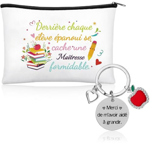 LOHENYOR Cadeau Maîtresse d'École - Set Pochette Tissu & Porte-Clés | Trousse de Rangement Maquillage et Accessoire Pratique | Idée Cadeau Fin d'Année Scolaire & Remerciement Enseignant