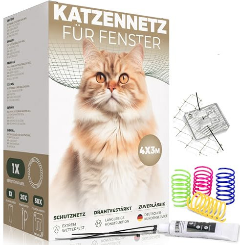 WOOWOOD Katzennetz Fenster (Ohne Bohren) inkl. Klebehaken & Silikonkleber - Katzennetz für Balkon - Katzennetz Drahtverstärkt - Katzennetz Balkon-Katzenschutznetz - UV-beständig - Katzengitter (4X3m)