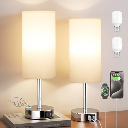 Aooshine Bedside Lamps Set, Dimmable Lamp for Bedrooms with White Shade, Small Touch Lamps for Living Room(Bulbs Included)