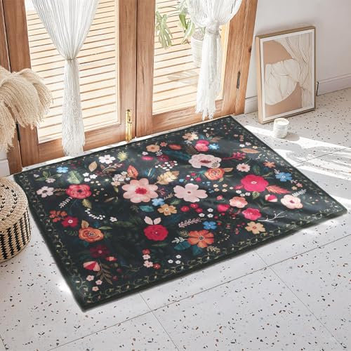 Minicoco Boho Floral Doormat 40x60cm Machine Washable Non-Slip Low Pile Indoor/Outdoor Rug - Waterproof Entrance Mat for Hallway, Kitchen, Front Door (Black)