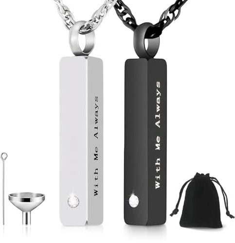 kodivenj 2Pcs Ashes Necklace - Memorial Necklace for Ashes,Silver & Black | Stainless Steel Urn Pendant Cremation Jewellery for Ashes with Funnel & Flannel Bag, Ashes Jewellery for Men, Women