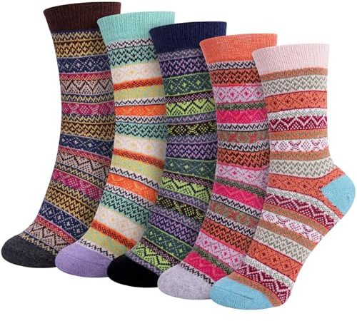 Riqiaqia 5/6 Paar Winter Merino Wool Socken Damen Warme Dicke Bunte Thermosocken Wollsocken Stricksocken Gemütlich und Atmungsaktive, Damen Geschenk Socken Einheitsgröße