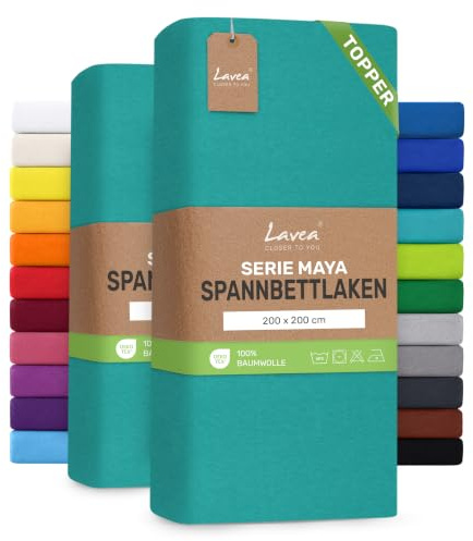 Lavea® 2er Pack Topper Spannbettlaken 200x220cm – Türkis | 100% Baumwolle Jersey – Für Topper bis 10 cm Höhe – Weich, Formstabil und Langlebig