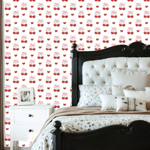 Peel and Stick Wallpaper Cute Coquette Aesthetic Seamless red Cherries Pink Ribbon Bow White Removable Wallpaper Contact Paper for Living Room Bedroom Bathroom Kitchen Countertop 45cm x 300cm