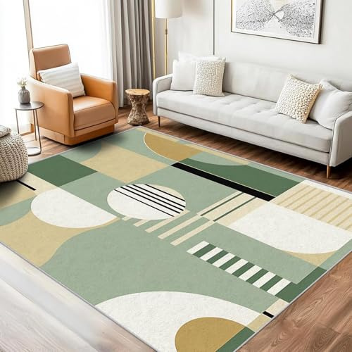 AUWUUA Grüner, waschbarer großer Wohnzimmerteppich, 200 x 300 cm, Mid-Century Modern, geometrisches abstraktes Design, Teppiche für Schlafzimmer, Eingangsbereich, Küche, rutschfeste Bodenmatte
