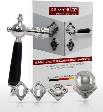 JCB Beschläge® Haustürbeschlag Messing Vernickelt Poliert – Türgriff mit Ebenholz (150 mm) – Langlebig & Historisch – Für Haustüren – Antikes Design – Drückergarnitur – Made in Germany