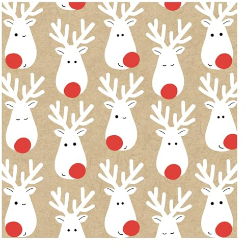 Glick Luxury Christmas Napkins, Pack 20, 3 Ply, Terrific Reindeer Kraft, Fully Recyclable, 33 x 33 cm When Opened, White, Beige & Red
