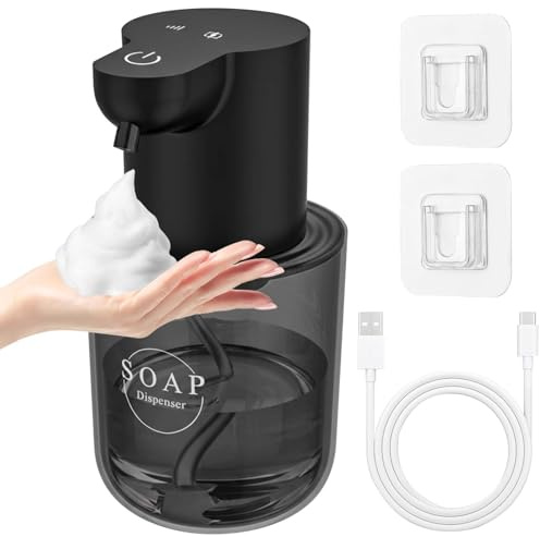 400ml Elektrischer Seifenspender mit Sensor, mit USB Wiederaufladbar, IPX5 Wasserdicht, Seifenspender Wandbefestigung Berührungslos Schaumseifenspender mit 4 Einstellbare Stufen (Schwarz)