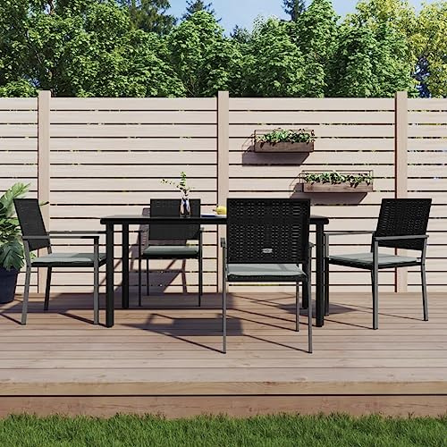 Qnhdfrt Garten Essgruppe Set 4 Stühle mit Kissen PE Rattan und Stahl 160x80 cm Schwarz Outdoor Tischgruppe für Terrasse Balkon Garten