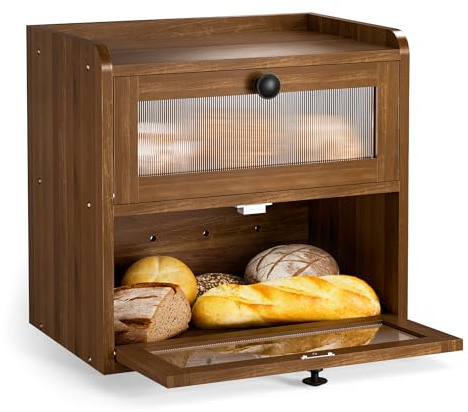 BADGESHAND Bread Bin Wooden Bread Storage Box for Kitchen, Countertop Double Decker Bread Box Keep Bread Storage Fresh with Clear Acrylic Windows (Brown)