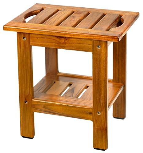 VaeFae Teak Small Shower Bench, 2-Tier Stool with Shelf & Non-Slip Feets
