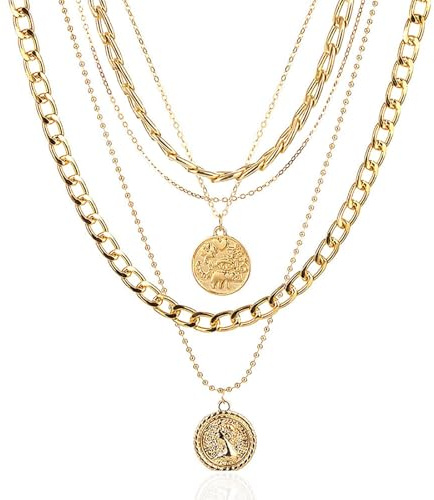 Damen Mehrschichtig Punk Piraten Goldkette Schmuck, Statement Kette Gold Layered Halskette mit Münz Anhänger, , Lange Gliederkette Gold Choker Schmuck, Piraten Accessoires Damen für Party & Kostüm