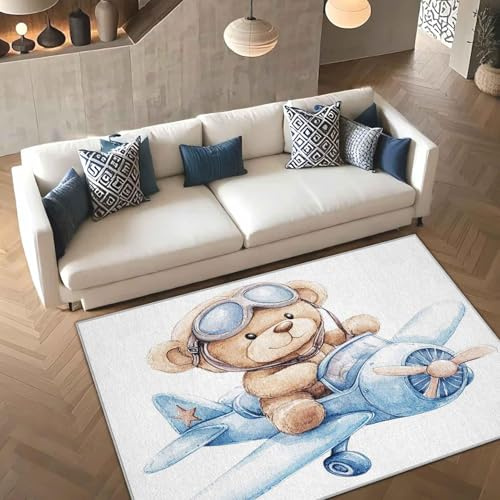 AUWUUA Niedlicher Teddybär-Teppich 150x180cm Waschbar Lustiger Cartoon-Tier-Kinderteppich, Flugzeug-Flugzeug-Anti-Rutsch-Teppiche für Jungen Mädchen Schlafzimmer Spielzimmer Wohnzimmer