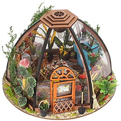 Wood DIY Miniature Dollhouse Kit with Furniture & Gardening Tools, Wooden Mini Size Greenhouse Set for Adults and Teens