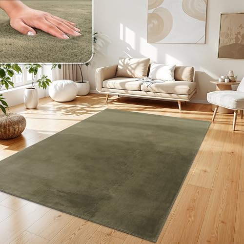 Paco Home Teppich Wohnzimmer Kunstfell weich waschbar modern elegant pflegeleicht Felloptik Uni Seidenglanz flauschig Hochflor, Farbe:Grün, Grösse:160x220 cm