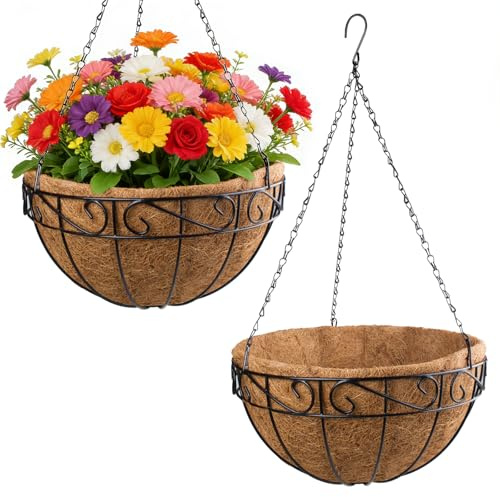 Metal Hanging Basket with Coco Liner, 2 Pack 14/35.5cm Round Hanging Flower Plant Pot with 50.5cm Black Chain, Coconut Coir Liner Planter for Indoor Outdoor Garden Porch Balcony Patio Decoration