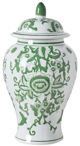 Blumenvase mit Deckel groß rund Porzellan weiß/grün handgemacht Deckelvase 37 cm hoch Mondragon