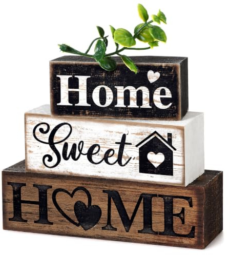 Wooden Tiered Tray Decor, Rustic Sweet Home Sign, Farmhouse Wooden Block Decor for Home, Decorative Shelf Accent for Mantel, Kitchen, Living Room & Tabletop, Housewarming Gift for Family & Friends