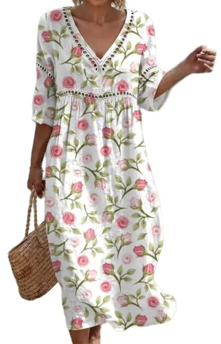Summer Dresses for Women UK Bohemian 3/4 Sleeve Print Dresses Casual Loose Fit Boho Dress Breathable Comfortable Friendly Elegant Style Holiday Beach Travel Everyday Wear