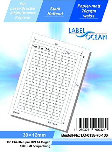 LabelOcean LO-0138-70-100 Universal Etiketten, 100 Blatt 70g/qm, Hochwertiges Papier