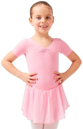 tanzmuster ® Ballettkleid Mädchen Kurzarm - Betty - aus Baumwolle mit Glitzersteinen und Chiffon Röckchen in rosa, Größe:104/110