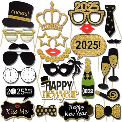 HOWAF 2026 Silvester Foto Requisiten Schwarz Gold Neujahr Photo Booth Props Hut Brille Fotobox Accessoires für Erwachsene Kinder Silvester Deko 2026 Dekoration Party Zubehör, 21pcs