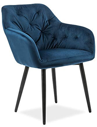 SalesFever Esszimmerstuhl Fran in Blau | Bezug in Samt-Optik | Armlehnstuhl gepolstert mit Knopfheftung | Gestell Metall Schwarz