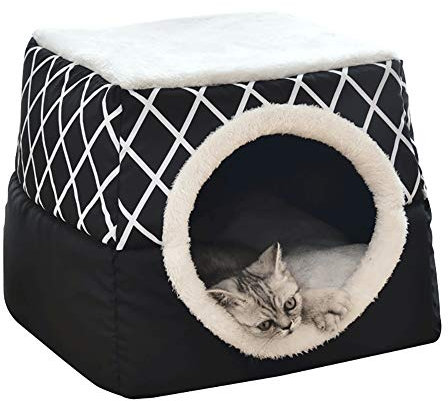 YunNasi Katzenhöhle Katzen Haus Katzenbett Haustier Pet Nest Schlafsack 2 in 1 Faltbar Kuschelhöhle Für Komfortabel 38x38x34 cm (XL, Schwarz)