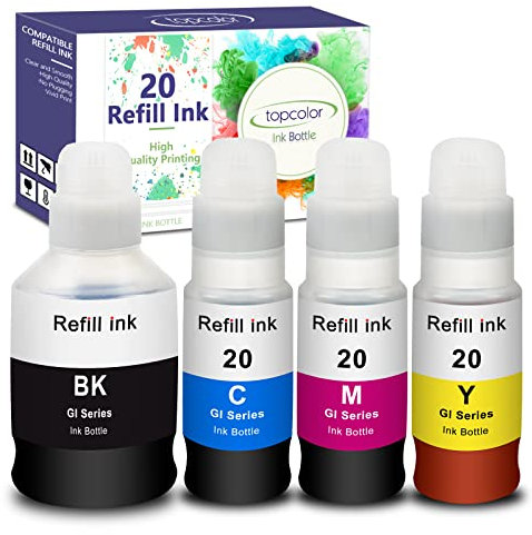 Topcolor Compatible Dye Ink Replacement for Canon GI-20 GI20 Ink Bottles Refills Kit for Canon G6020 G7020 G5020 MegaTank Printers, 170mL Black Ink Refill, 70mL Cyan Magenta Yellow, 4 Packs