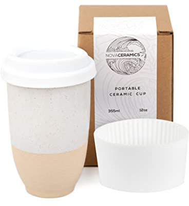 NOVA CERAMICS Travel Mugs - Reusable Coffee Cup – Cute Coffee Mugs Travel Coffee Tumbler – Microwave & Dishwasher Safe to Go Coffee Mug- Gifts for Women Men Him Her – 12oz - Dune