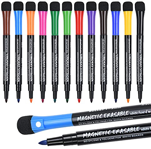 Vicloon 12 Farbe Whiteboard Stifte-Whiteboard Marker, Abwischbare Stifte, Dry Erase Marker mit Schwamm Magnete, Schwamm Whiteboard Stifte, Trocken Abwischbar Stifte mit Radierer für Fenster/Glas/Tafel