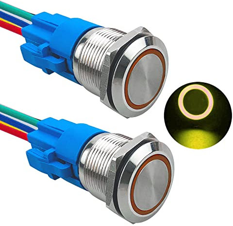 Aiqeer 2 Stück 19 mm Momentan Druckschalter, 12V / 24V 5A Auto Zündung Starter Schalter, IP67 Wasserdichter Edelstahl Druckschalter, mit Vorverdrahteter Steckdose (Gelb LED)